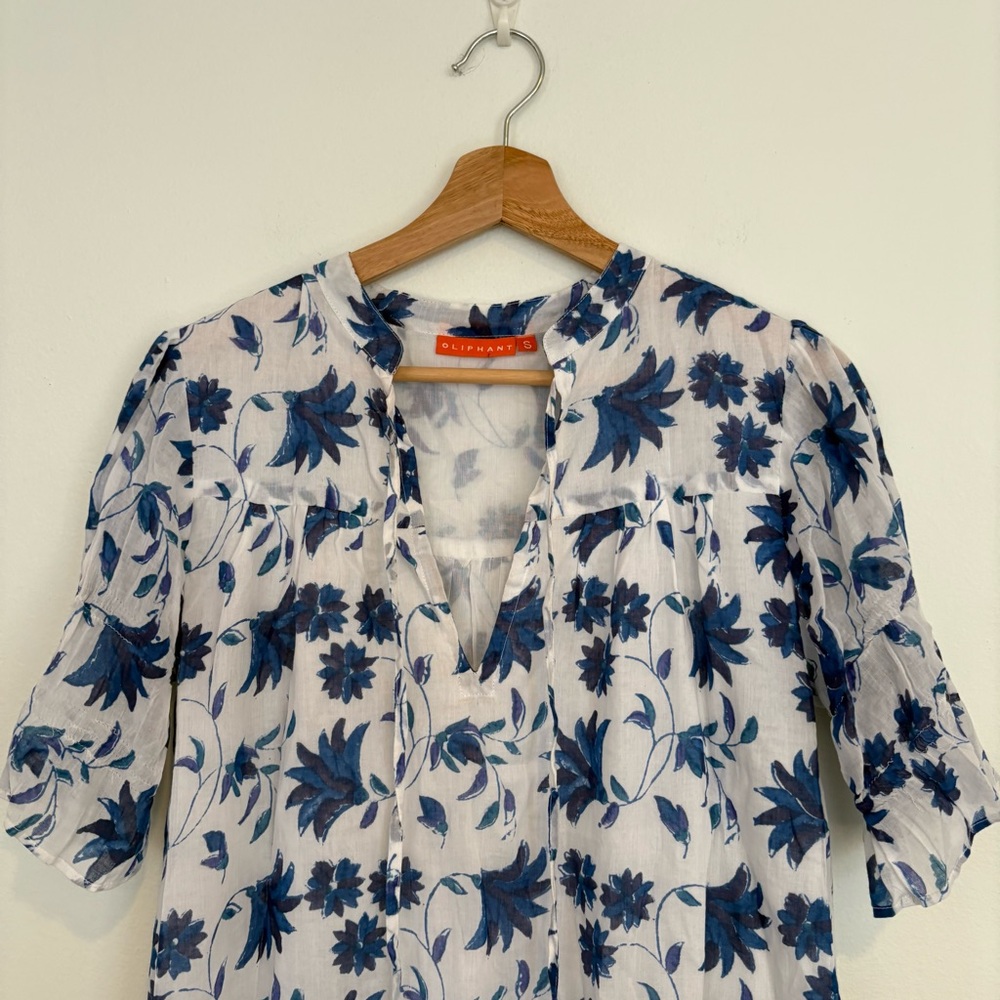 OLIPHANT‎ || Smocked Drop Mini Dress in Marion Blue Block Print Floral White S - Picture 3 of 10